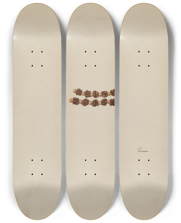 Triptych art skateboard deck of Josephine C Romano Rosary Beads by Josephine C Romano