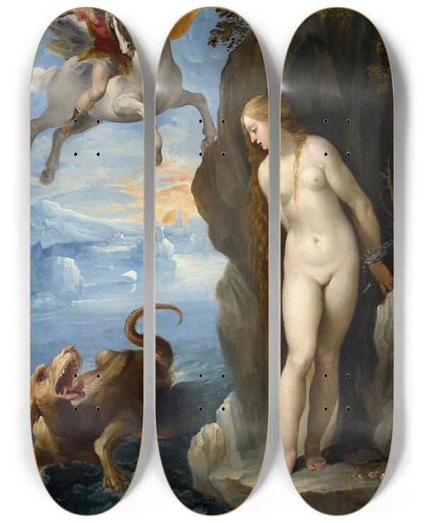 Triptych art skateboard deck of Giuseppe Cesari Perseus Rescuing Andromeda by Giuseppe Cesari (1568-1640)