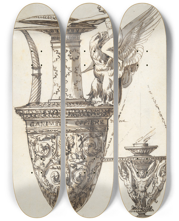 Triptych art skateboard deck of Antonio Basoli Design For An Elaborate Pitcher Andchandelier by Antonio Basoli (1774-1848)