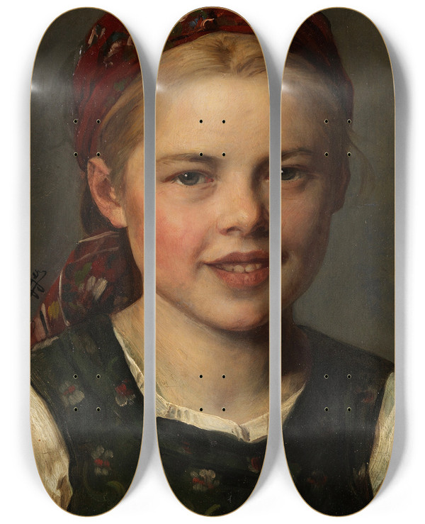Triptych art skateboard deck of Franz Von Defregger Dirndl Mit Kappe by Franz Von Defregger (1835-1921)