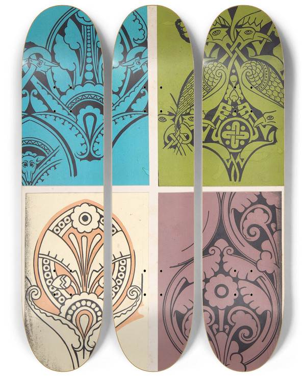 Triptych art skateboard deck of Christopher Dresser Design Drawing_1 by Christopher Dresser (1834-1904)
