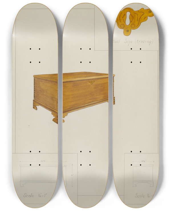 Triptych art skateboard deck of Katharine Morris Chest by Katharine Morris