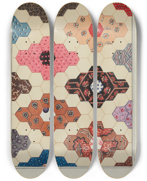 Triptych art skateboard deck of Ruth M Barnes Quilt 1 Section_1 by Ruth M Barnes
