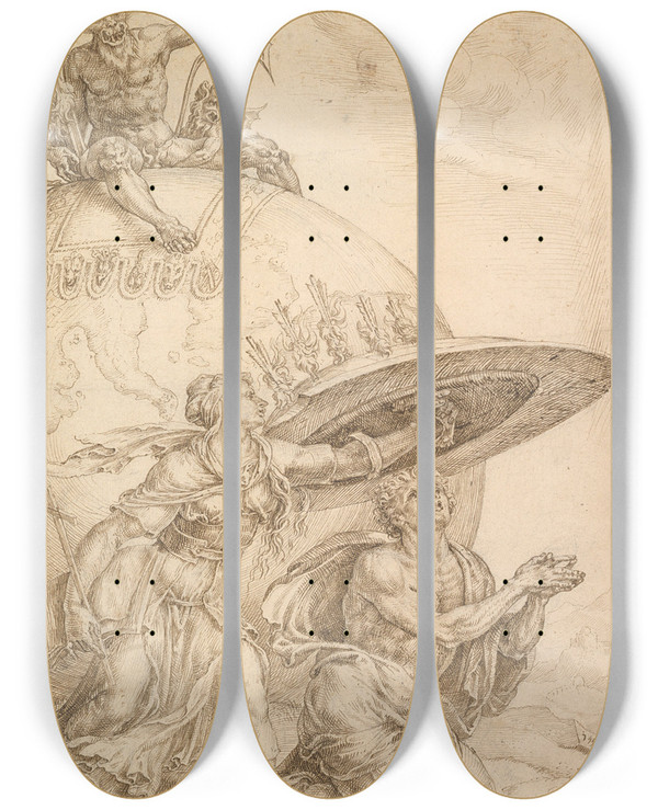 Triptych art skateboard deck of Maarten Van Heemskerck Man Protected By The Shield Of Faith by Maarten Van Heemskerck (1498-1574)