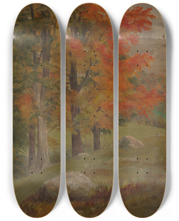 Triptych art skateboard deck of Frederic Edwin Church Woods In Autumn by Frederic Edwin Church (1826-1900)