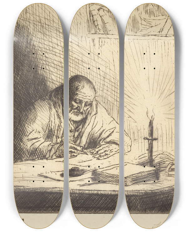 Triptych art skateboard deck of Alphonse Legros Archeologist Larcheologue by Alphonse Legros (1837-1911)