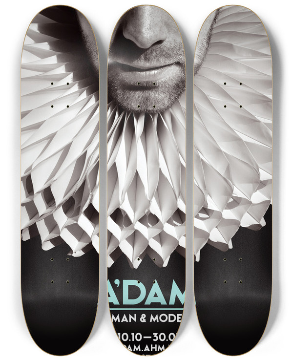 Triptych art skateboard deck of Ontwerpbureau Matte Affiche Voor Tentoonstelling Adam Man And Mode by Ontwerpbureau Matte (20-)