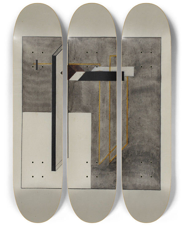 Triptych art skateboard deck of El Lissitzky Study For Proun 4B by El Lissitzky (1890-1941)