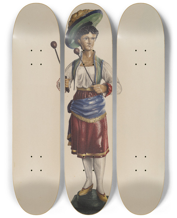 Triptych art skateboard deck of Robert Pohle Carousel Drummer Girl by Robert Pohle
