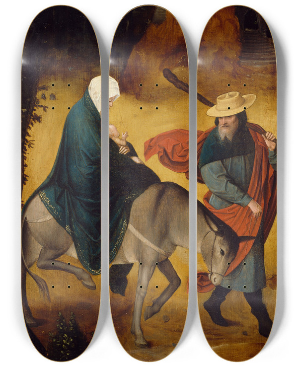 Triptych art skateboard deck of Jan De Beer The Flight Into Egypt by Jan De Beer (1475-1528)
