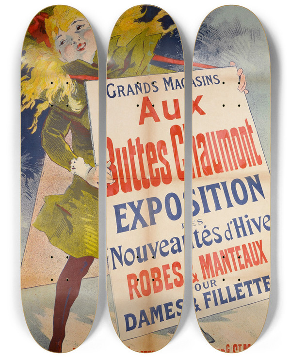 Triptych art skateboard deck of Jules Chret Aux Buttes Chaumont by Jules Cheret (1836-1932)