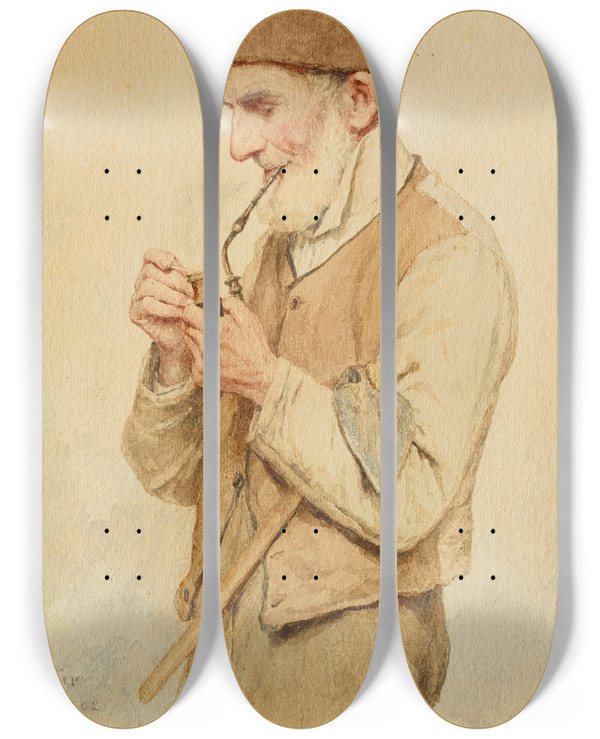 Triptych art skateboard deck of Albert Anker Bauer Eine Pfeife Anzndend by Albert Anker (1831-1910)