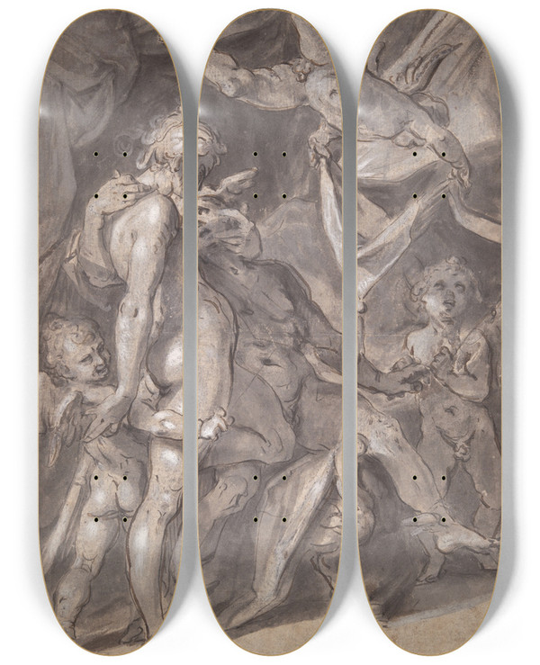 Triptych art skateboard deck of Bartholomaeus Spranger Venus Andmercury by Bartholomaeus Spranger (1546-1611)