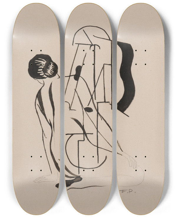Triptych art skateboard deck of Francis Picabia Sans Titre Ou Nu La Guitare by Francis Picabia (1879-1953)