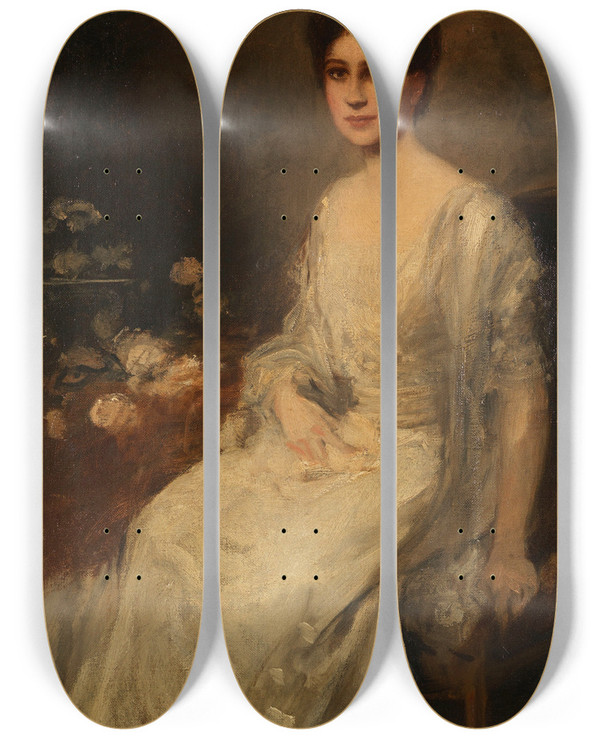 Triptych art skateboard deck of Friedrich August Von Kaulbach Sitzende Dame Im Weien Kleid by Friedrich August Von Kaulbach (1850-1920)
