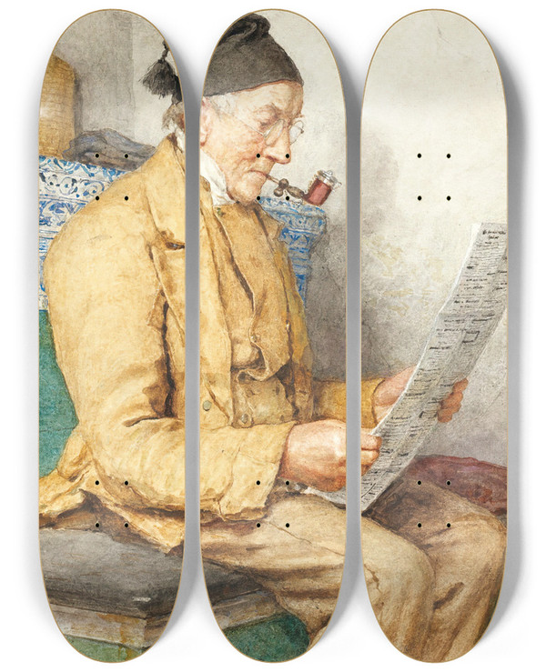 Triptych art skateboard deck of Albert Anker Reading Farmer Sitting By The Tiled Stove by Albert Anker (1831-1910)