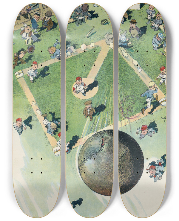 Triptych art skateboard deck of Will Crawford Ballseye View Of A Home Run by Will Crawford (1869-1944)
