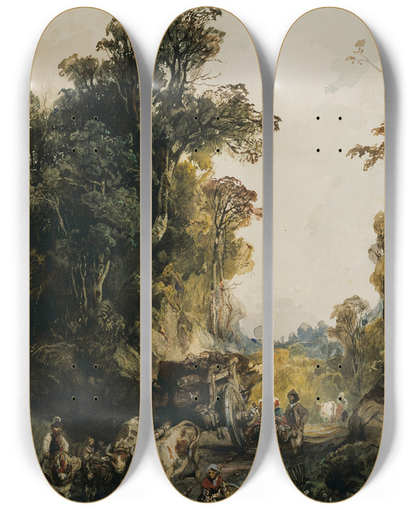 Triptych art skateboard deck of Camillejosephetienne Roqueplan The Timber Waggon by Camille-Joseph-Etienne Roqueplan (1803-1855)