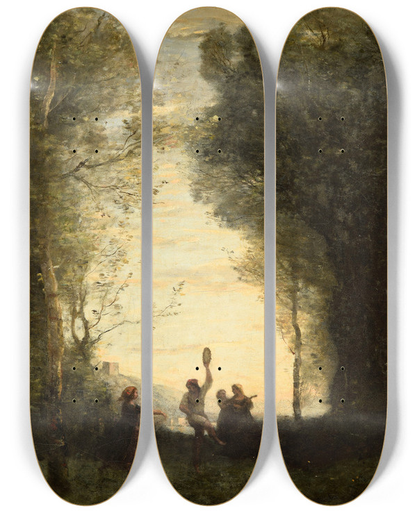 Triptych art skateboard deck of Jeanbaptistecamille Corot La Danse Italienne by Jean-Baptiste-Camille Corot (1796-1875)
