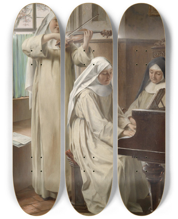 Triptych art skateboard deck of August Wilhelm Roesler Musik Im Kloster by August Wilhelm Roesler (1837)