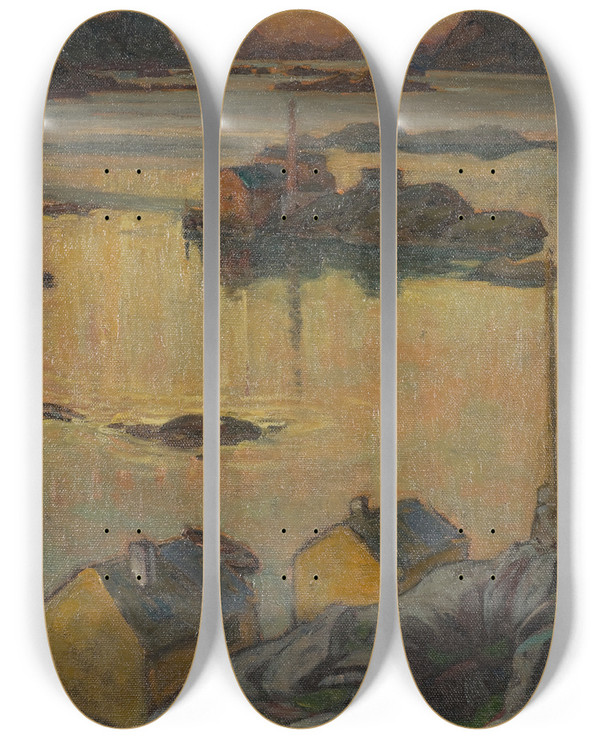 Triptych art skateboard deck of Anna Boberg An August Night Study From North Norway by Anna Boberg (1864-1935)