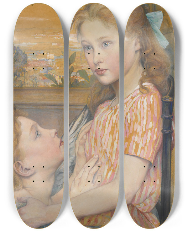 Triptych art skateboard deck of Charles Maurin Her Guardian Angel by Charles Maurin (1856-1914)