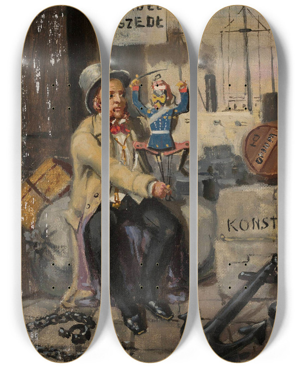 Triptych art skateboard deck of Polikarp Gumiski Man With A Puppet by Polikarp Guminski (1820-1907)