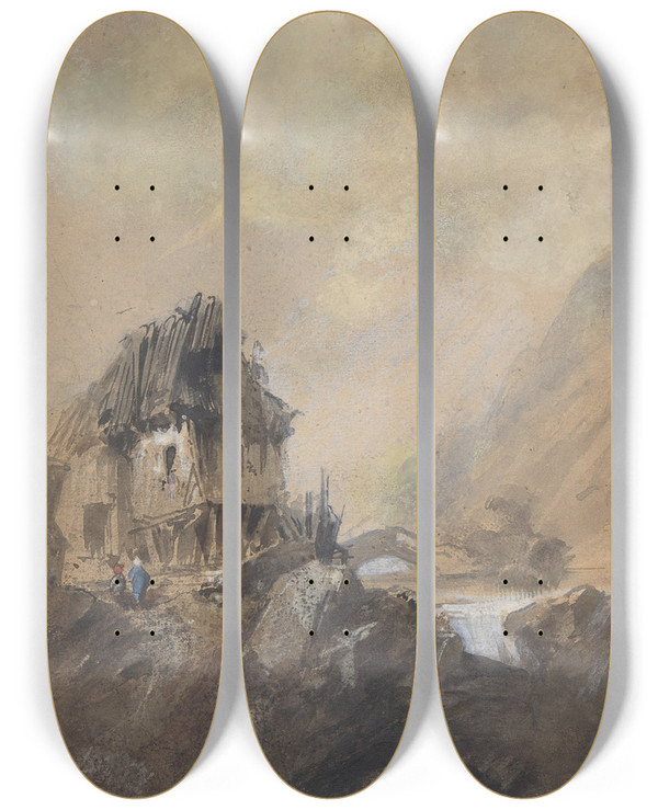 Triptych art skateboard deck of Eugne Isabey Village Dieppe by Eugene Isabey (1803-1886)