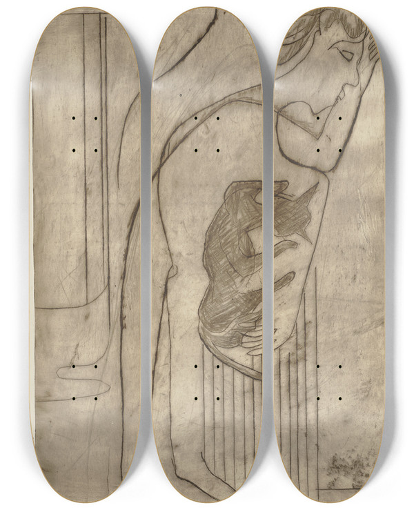 Triptych art skateboard deck of Ernst Ludwig Kirchner Schlafender Mit Katze Ii by Ernst Ludwig Kirchner (1880-1938)