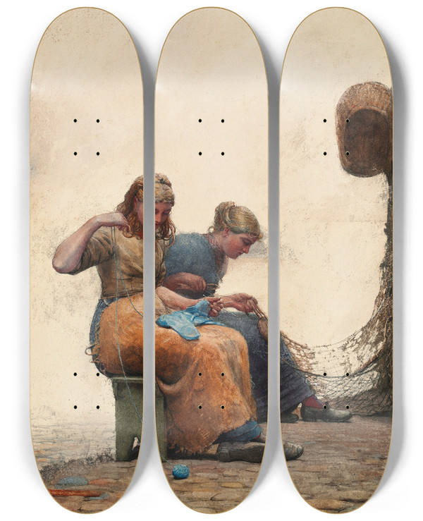 Triptych art skateboard deck of Winslow Homer Mending The Nets by Winslow Homer (1836-1910)
