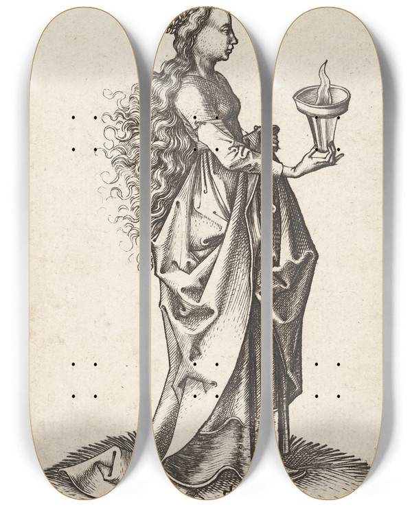 Triptych art skateboard deck of Martin Schongauer The Fifth Wise Virgin by Martin Schongauer (1435-1491)