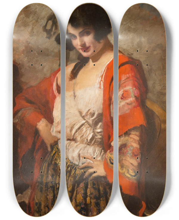 Triptych art skateboard deck of Leopold Schmutzler Spanish Beauty With Guitar by Leopold Schmutzler (1864-1941)
