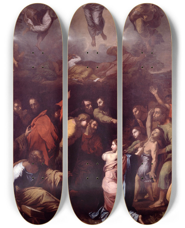 Triptych art skateboard deck of Raphael The Transfiguration by Raphael (1483-1520)