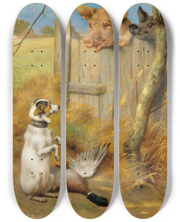 Triptych art skateboard deck of Herbert William Weekes The Trial by Herbert William Weekes (1841-1914)
