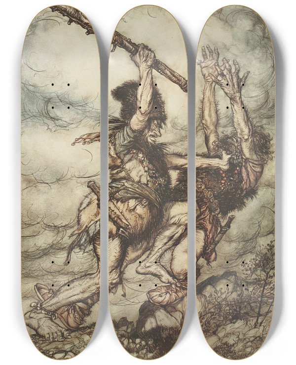 Triptych art skateboard deck of Arthur Rackham Fafner Kills Fasolt by Arthur Rackham (1867-1939)