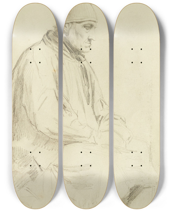 Triptych art skateboard deck of Albert Anker Sitzender Mann Mit Mtze by Albert Anker (1831-1910)