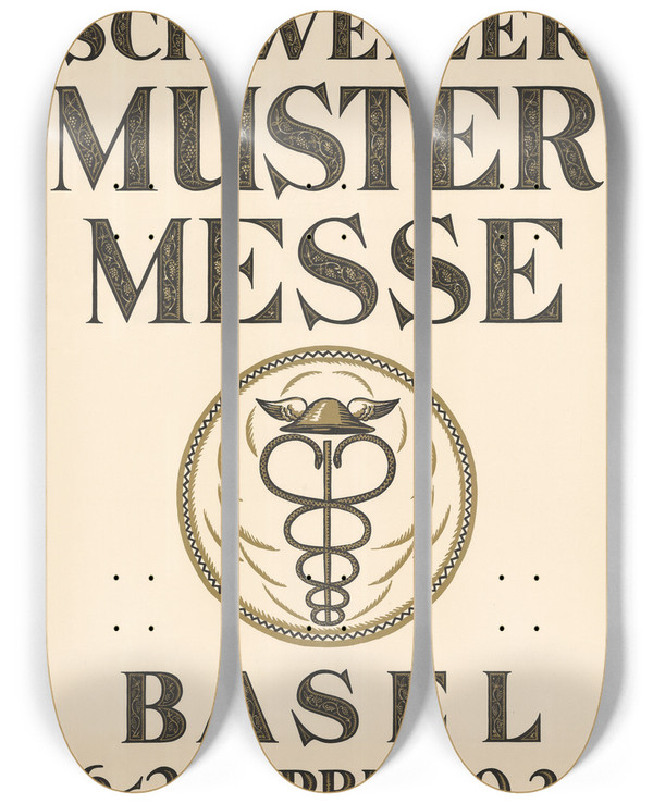 Triptych art skateboard deck of Jules De Praetere Schweizer Mustermesse Basel by Jules De Praetere (1879-1947)