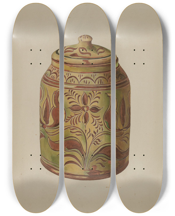 Triptych art skateboard deck of Henry Moran Pennsylvania German Covered Jar by Henry Moran