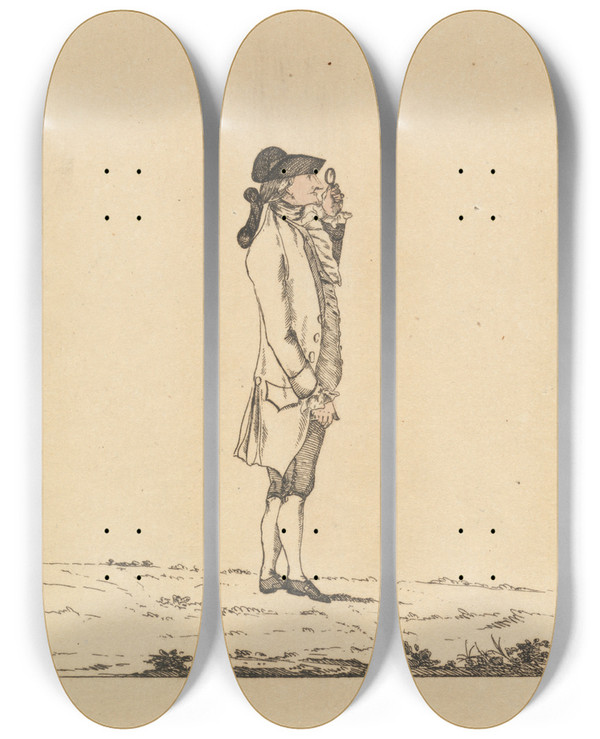 Triptych art skateboard deck of Mary Darly The Builder Macaroni by Mary Darly (1756-1779)