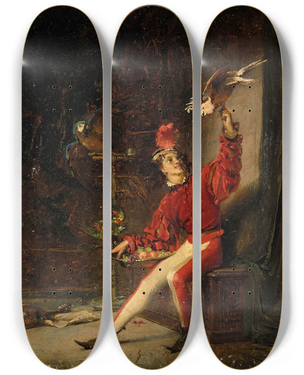 Triptych art skateboard deck of Konstantin Egorovich Makovsky Young Man With Parrot by Konstantin Egorovich Makovsky (1839-1915)