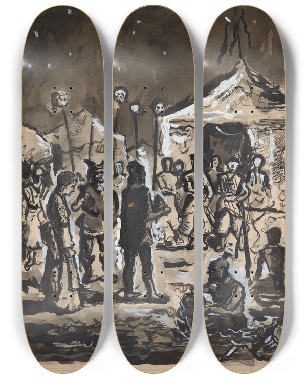 Triptych art skateboard deck of Ivan Ivanec Scena Historyczna W Obozie Wojsk Tureckich by Ivan Ivanec (1893-1946)
