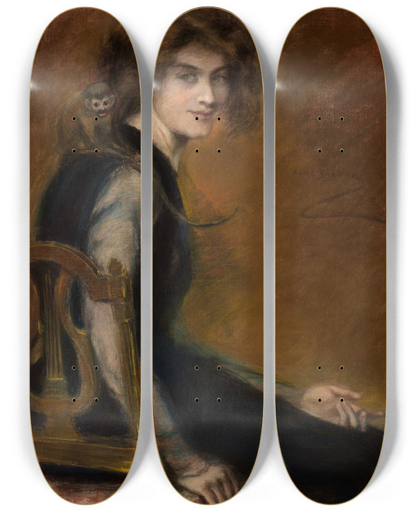 Triptych art skateboard deck of Alice Pike Barney Monkey Pet by Alice Pike Barney (1857-1931)