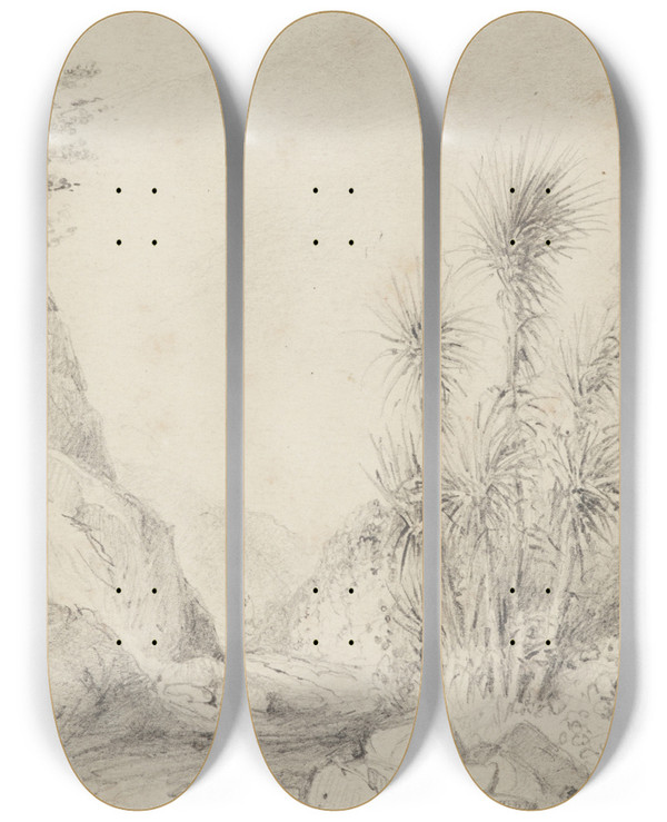 Triptych art skateboard deck of William Swainson Termination Of The Second Gorgelooking Back Upper Hutt by William Swainson (1789-1855)