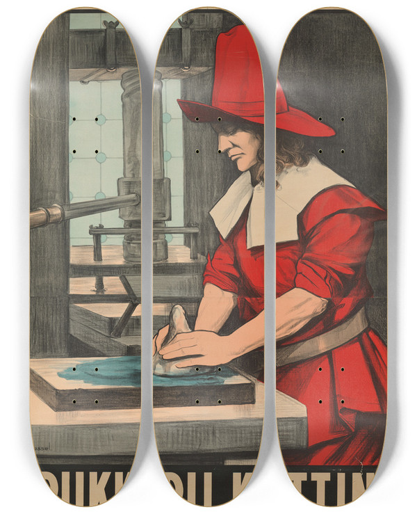 Triptych art skateboard deck of Arnold Van Roessel Drukkerij Kotting Straatbiljetten by Arnold Van Roessel (1883-1947)