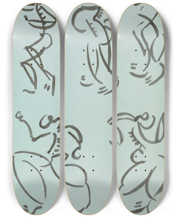 Triptych art skateboard deck of Henri Gaudierbrzeska Five Studies Of Dancing Figures by Henri Gaudier-Brzeska (1891-1915)