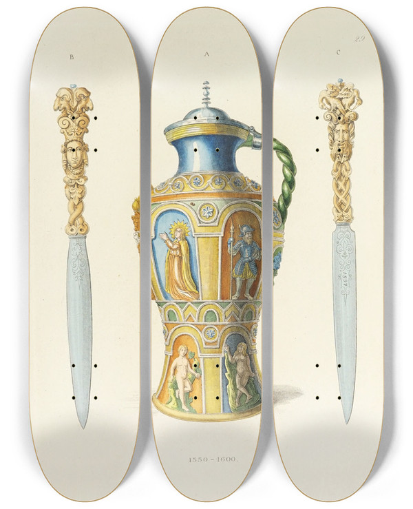 Triptych art skateboard deck of Carl Becker Kunstwerke Und Gerathschaften Des Mittelalters Und Der Renaissance Pl29 by Carl Becker (19-)