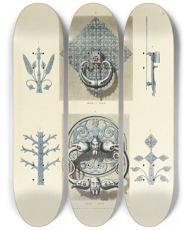 Triptych art skateboard deck of Carl Becker Kunstwerke Und Gerathschaften Des Mittelalters Und Der Renaissance Pl51 by Carl Becker (19-)