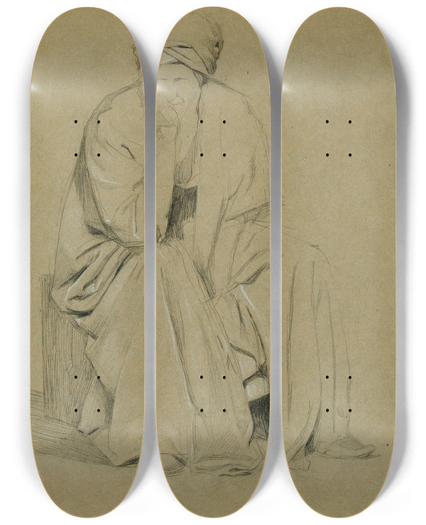 Triptych art skateboard deck of Josef Wawra Sitzender Mann Mit Turban by Josef Wawra (1893-1935)