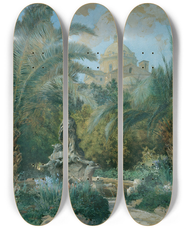 Triptych art skateboard deck of Othmar Brioschi Vedute Der Botschaft In Rom Ansicht Vom Garten Mit Der Kuppel Rechts by Othmar Brioschi (1854-1912)