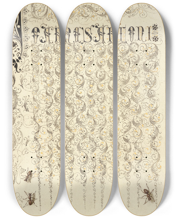 Triptych art skateboard deck of Joris Hoefnagel Crane Fly And Ants by Joris Hoefnagel (1542-1600)